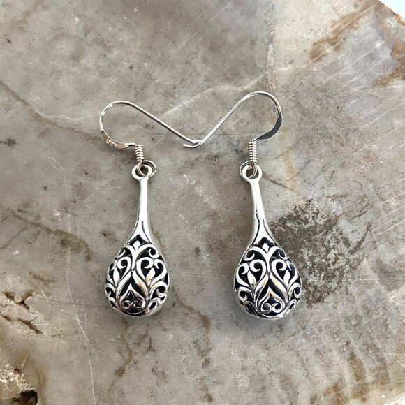 Sterling Silver 925 Hollow Pierced Filigree Scrollwork Teardrop Dangle Earrings - Picture 4 of 15